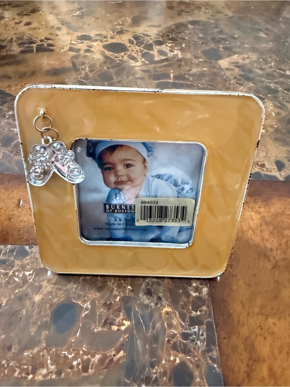 Burnes Of Boston Yellow Gloss Baby Picture Frame with Silver Shoe Charm